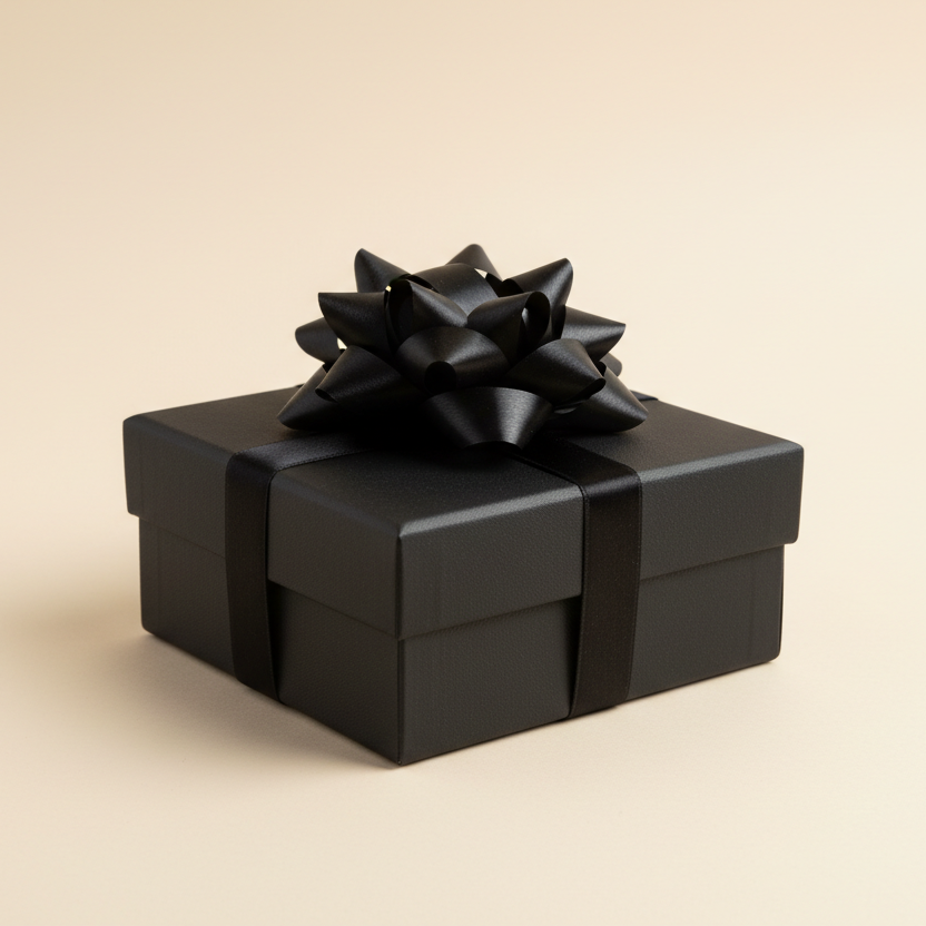 una caja de regalo sorpresa negra con un lazito y un fondo neutro color pantone: #FCF8F2